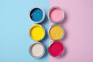 paint cans of various colors on a pink and blue background. top view. Ai generative