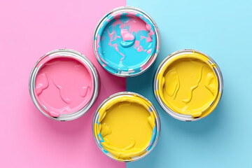 paint cans of various colors on a pink and blue background. top view. Ai generative