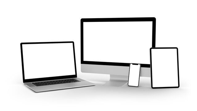 Laptop, Smartphone, Tablet and Monitor mockup isolated with transparent screen png
