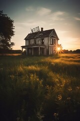 house on the hill at sunset