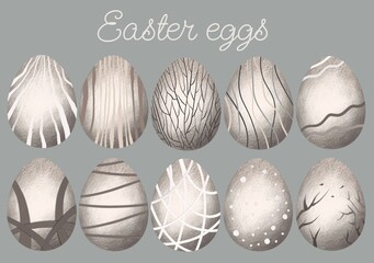 easter eggs, happy easter!  Easter egg design. free hand.  patterns on eggs. illustration, holiday set, texture. trees and branches, birds, clouds, wavy lines, dots, ropes
