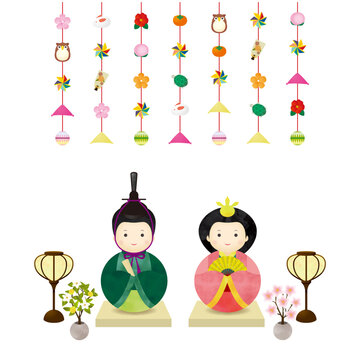 ひな人形とぼんぼりと桜橘とつるし飾りのイラストセット