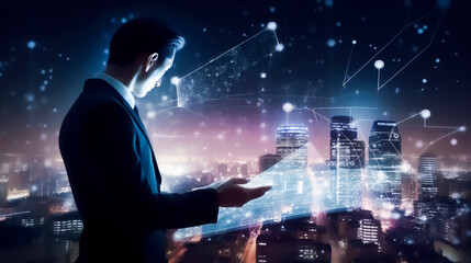 Obraz na płótnie Canvas A businessman navigating a digital map of endless possibilities. Created with Generative AI.