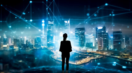 Businesswoman looking at a glowing data stream across a modern city, IoT and communication, created with Generative AI.