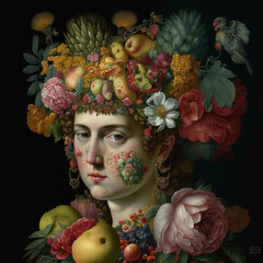 girl with fruit and flowers on black background,generative ai