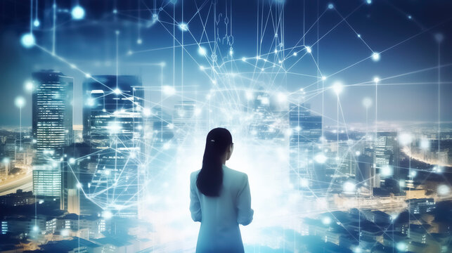 Businesswoman looking at a glowing data stream, IoT and communication, created with Generative AI.