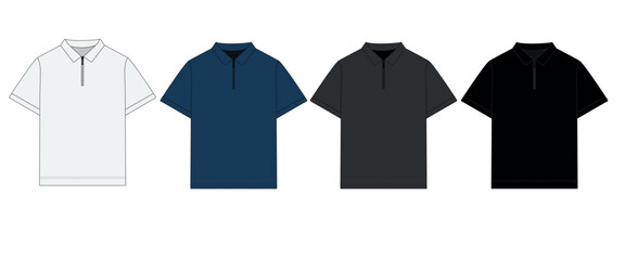 Collection of vector drawings of polo shirts with zipper, front view. Outline T-shirt template with collar, short sleeve. Sketch of a men's polo shirt with a zipper, blue, gray, white, black colors. © Iryna