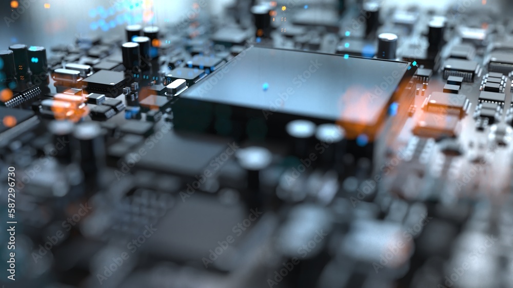 Wall mural electronic components on a printed circuit board in large quantities