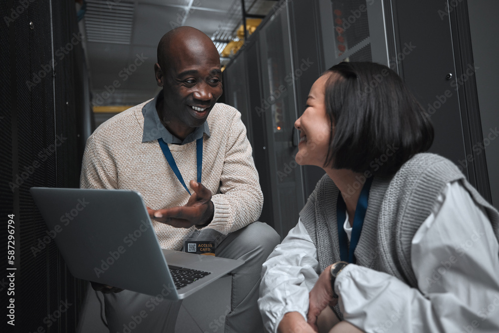 Poster Laptop, server room or technician people for teamwork, problem solving or database management system upgrade. Cybersecurity, data center or engineer employees for information technology or programmer
