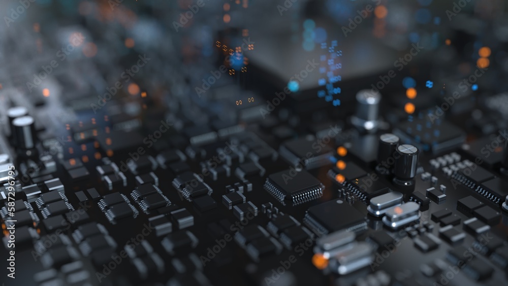 Wall mural electronic components on a printed circuit board in large quantities