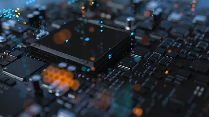 the variety of different types of chips and electronic components on the printed circuit board