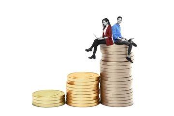 Team of Businesswoman and Businessman with laptop on a stack of money isolated on free PNG background. Success Concept. Art collage.