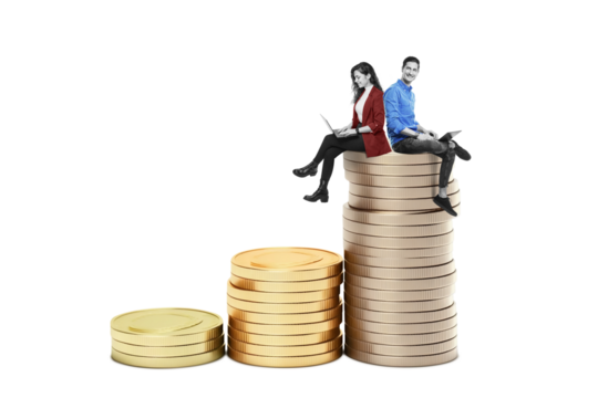 Team of Businesswoman and Businessman with laptop on a stack of money isolated on free PNG background. Success Concept. Art collage.
