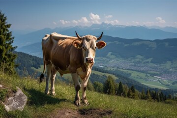 Fototapeta na wymiar Funny cow on a green meadow looking to a camera with Alps on the background. Generative AI