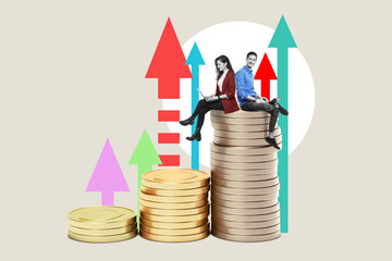 Team of Businesswoman and Businessman with laptop on a stack of money and rising arrows up on color...