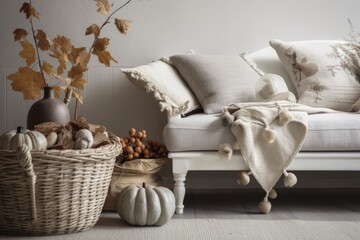 Fototapeta na wymiar Antique white and gray living room closeup. Sofa, autumn themed rattan table. acorn and dried leaf vase. Boho chic, autumn decor,. Generative AI