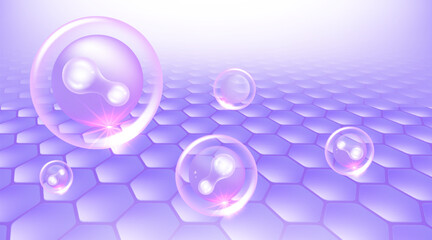 Probiotic and Hyaluronic acid skin solutions ad, purple collagen, and vitamin serum drops with cosmetic advertising background ready to use illustration vector.