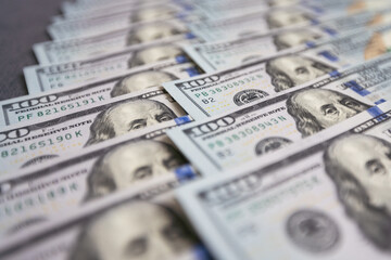 bills of 100 dollar american paper vintage money cash. View from above