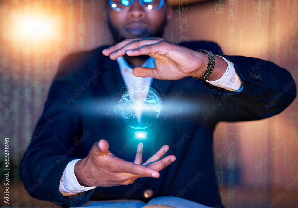 Poster global hologram, code network and black man hands with futuristic software in the dark. internationa