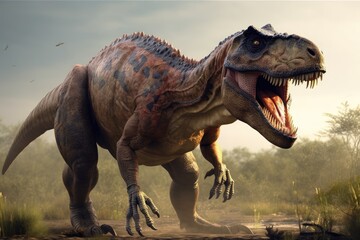 Obraz na płótnie Canvas roaring T-Rex with jaws wide open. Generative AI