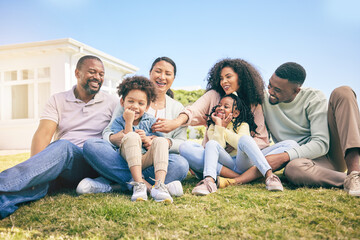 Obraz premium Family, outdoor and generations, relax together on grass with happiness, grandparents and parents with children. Happy people, summer and sitting on lawn, love and care with bonding and smile