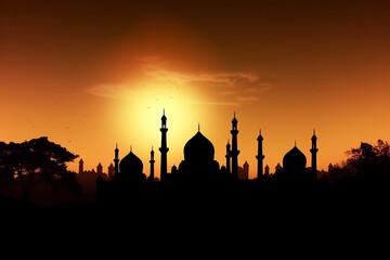 A golden mosque silhouette against a sunset. digital art illustration. generative AI