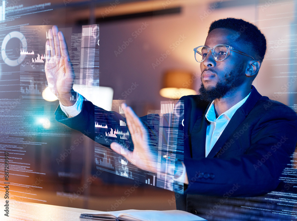 Poster data hologram, global network and black man working on futuristic software in the dark. finance data