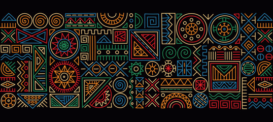 Ethnic pattern concept. Repeating seamless template with abstract geometric shapes. Background in traditional African style. Banner, cover or poster for website. Cartoon flat vector illustration