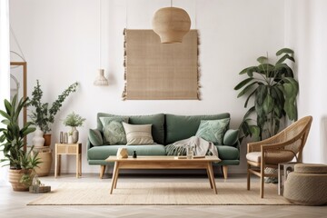 Scandi bohemian living room backdrop with green couch and wooden furnishings, empty wall mockup. Generative AI
