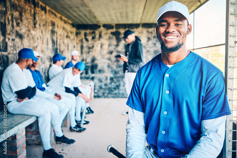 Poster Baseball player, dugout and happy portrait of a black man with sports team and smile in stadium. Exercise, fitness athlete and training motivation of a softball group at game feeling happiness