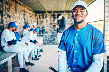 Baseball player, dugout and happy portrait of a black man with sports team and smile in stadium. Exercise, fitness athlete and training motivation of a softball group at game feeling happiness - obrazy, fototapety, plakaty