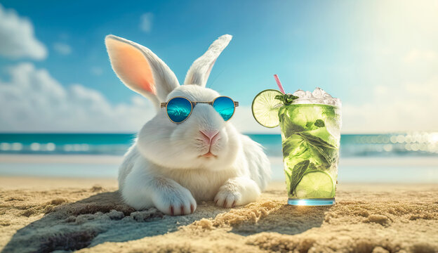 Easter Bunny in sunglasses drinking a mojito on the beach. Generative Ai