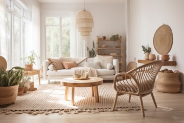 Blurred farmhouse living room. Sofa, rattan dresser, jute mat, and décor. Boho chic decor,. Generative AI