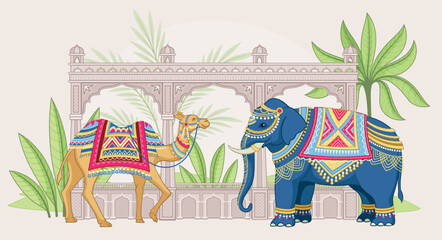 Mughal elephant and camel concept. Traditional indian holiday. Wild animals in traditional oriental accessories. Asian culture. Design element for postcard. Cartoon flat vector illustration
