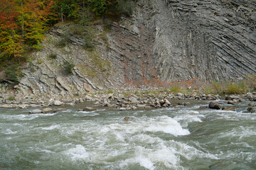 Beautiful mountain river with rapid current. Prut river and mountain folds