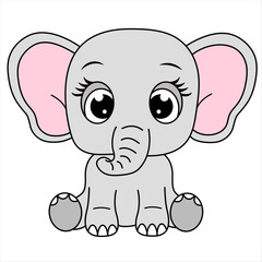 Cartoon Baby Elephant Illustration For Children. Cute Elephant Sitting. Safari Animal Background.
