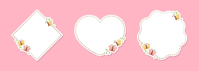 Cute Floral Butterfly Frame Set. Spring Summer Border Vector Illustration.