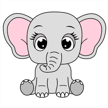 Cartoon Baby Elephant Illustration For Children. Cute Elephant Sitting. Safari Animal Background.