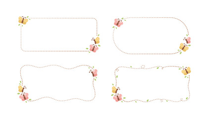 Cute Floral Butterfly Frame Set. Spring Summer Border Vector Illustration.