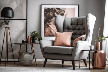A large, comfortable wingback chair sits next to a long, grey sofa with pillows in a light colored living room. Generative AI