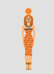 Egyptian queen Cleopatra concept. Young beautiful woman in orange dress with sun on her head. Ancient Egyptian mythology and history. Culture and traditions. Cartoon flat vector illustration