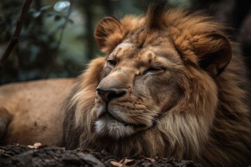 adorably sleeping lion in a zoo. Generative AI