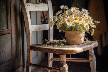 Daisy blooms on rustic chair. Countryside summer decor. Modern ceramic vase with daisies in sunny environment. Copies. Generative AI
