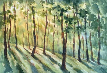 Spring forest landscape with sun light and shadows watercolor bakground - 587302727