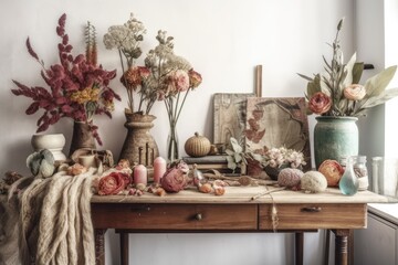Antique bohemian with dried flowers on white wall. Lifestyle wall. Beige still life. Generative AI