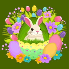 Easter illustration with a rabbit, flowers, Easter eggs, background, banner, seasonal card, Spring, Vector  