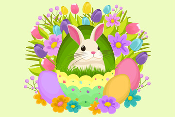 Easter illustration with a rabbit, flowers, Easter eggs, background, banner, seasonal card, Spring, Vector  
