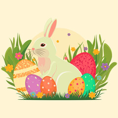 Easter illustration with a rabbit, flowers, Easter eggs, background, banner, seasonal card, Spring, Vector  