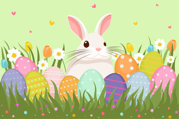 Easter illustration with a rabbit, flowers, Easter eggs, background, banner, seasonal card, Spring, Vector  