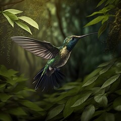 Fototapeta na wymiar Flying hummingbird with green forest in background. Small colorful bird in flight. nature, animal